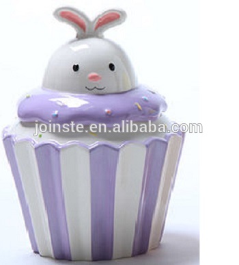 Customized purple bunny shape ceramic cookie jar, candy jar made in china