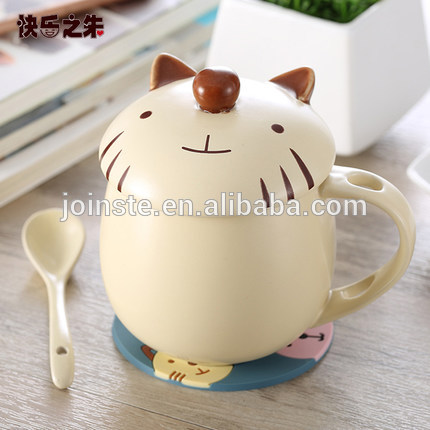 White cute cat shaped ceramic coffee mug with lid