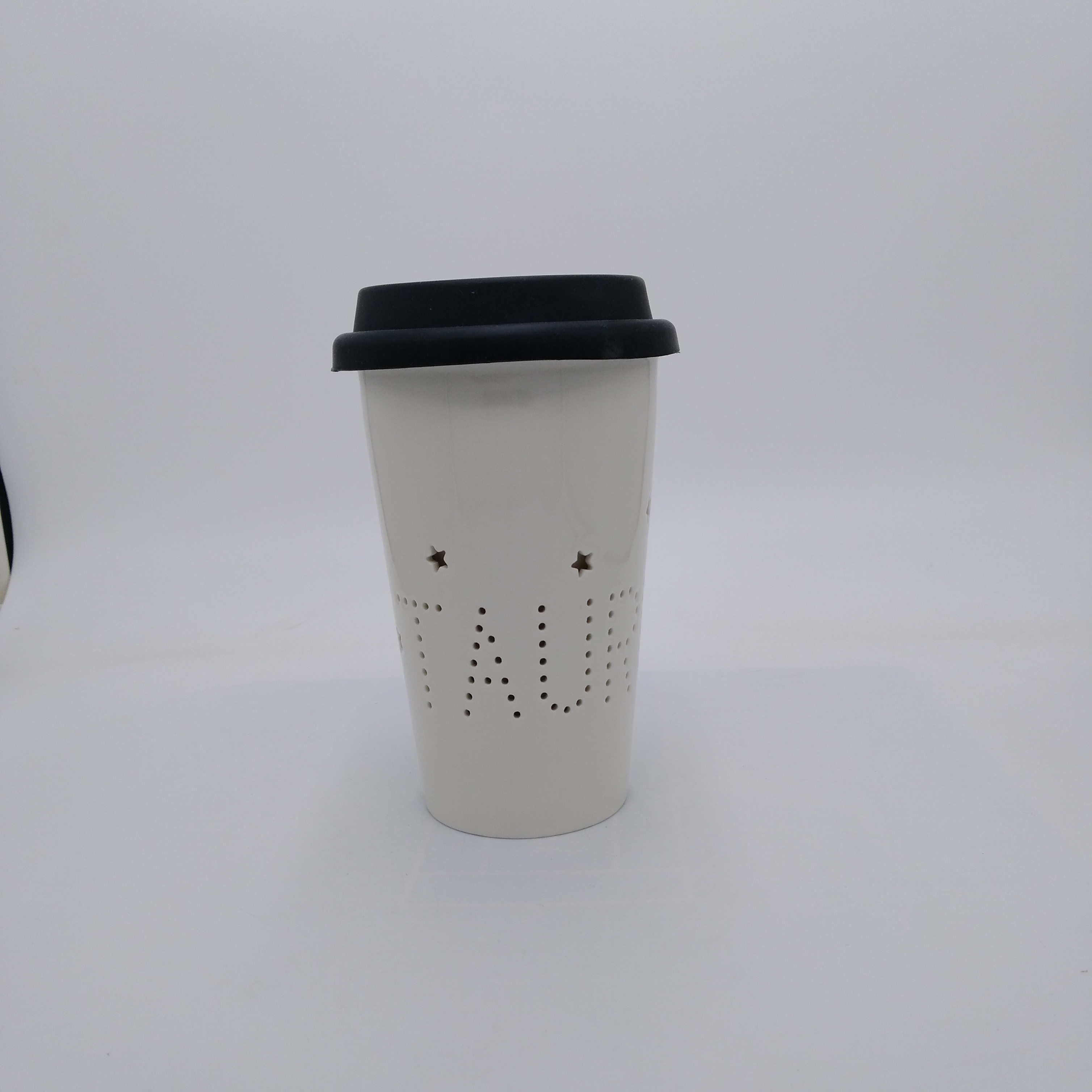 Custom design white color ceramic cup double wall travel coffee mug with lid