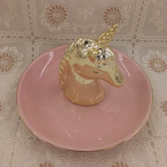 Gold plate Unicorn Ceramic Ring Dish, Trinket Dish, Custom accept