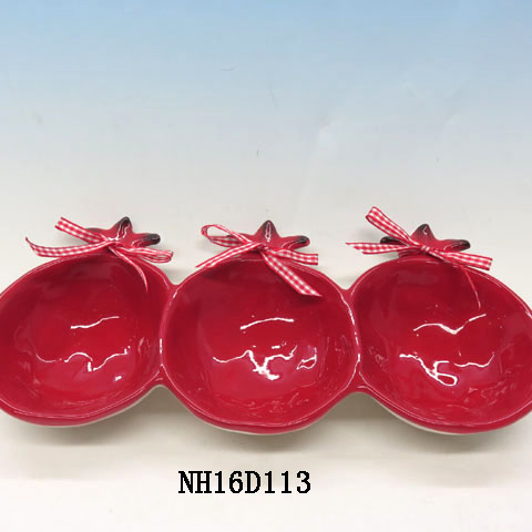 3 Section Divided Serving Ceramic Dish, Custom Pomegranate