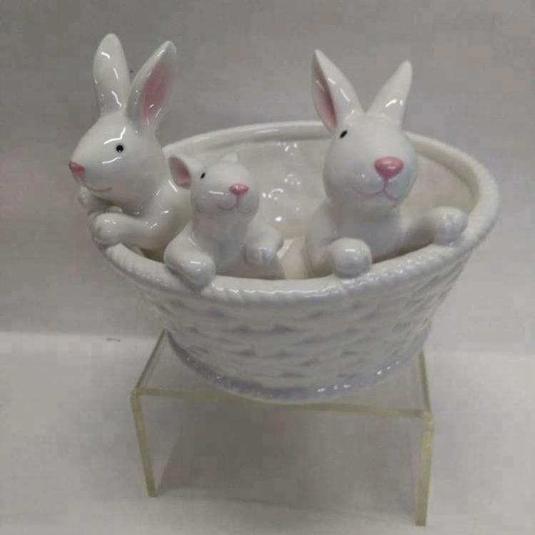 Ceramic Snacks basket,unique sugar bowl,Sugar Decoration Bowl with bunnies figurines, custom ceramic sugar bowl