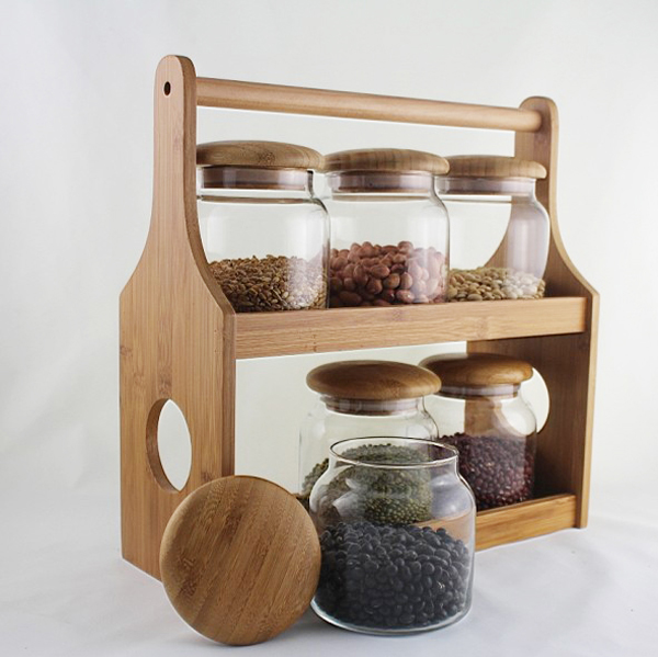 2 TIER BAMBOO WOOD WOODEN HERB SPICE RACK HOLDER STAND WALL MOUNTED 10 JAR SHELF