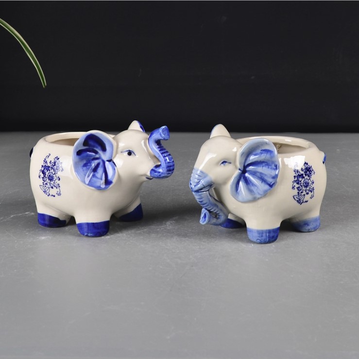 Cute small Animal flower Pots for home decoration white and blue Ceramic plant pot elephant