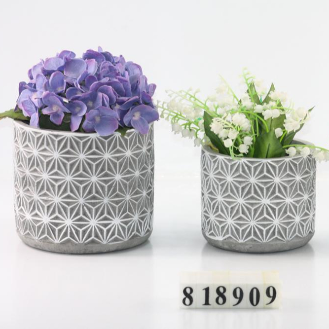 Cement Cylindrical Pot with Engraved Lattice Diamond/Tapered Bottom Washed Concrete Finished (Set of 2)