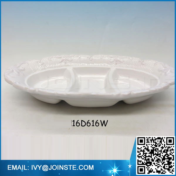 rectangle 3 section ceramic sauce partition plates wholesale