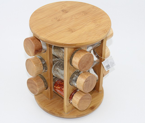 Bamboo Rotatable Spice Rack With 6 Spice Jars