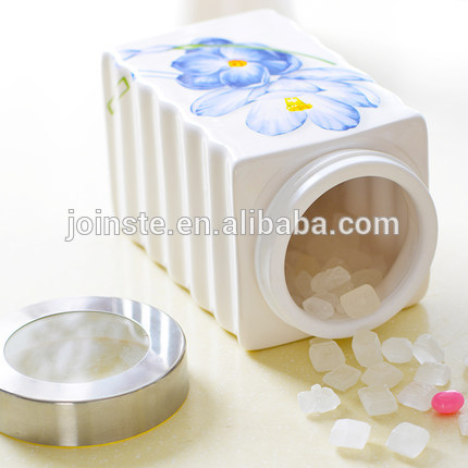 Customized white square shape ceramic cookie candy jar made in China